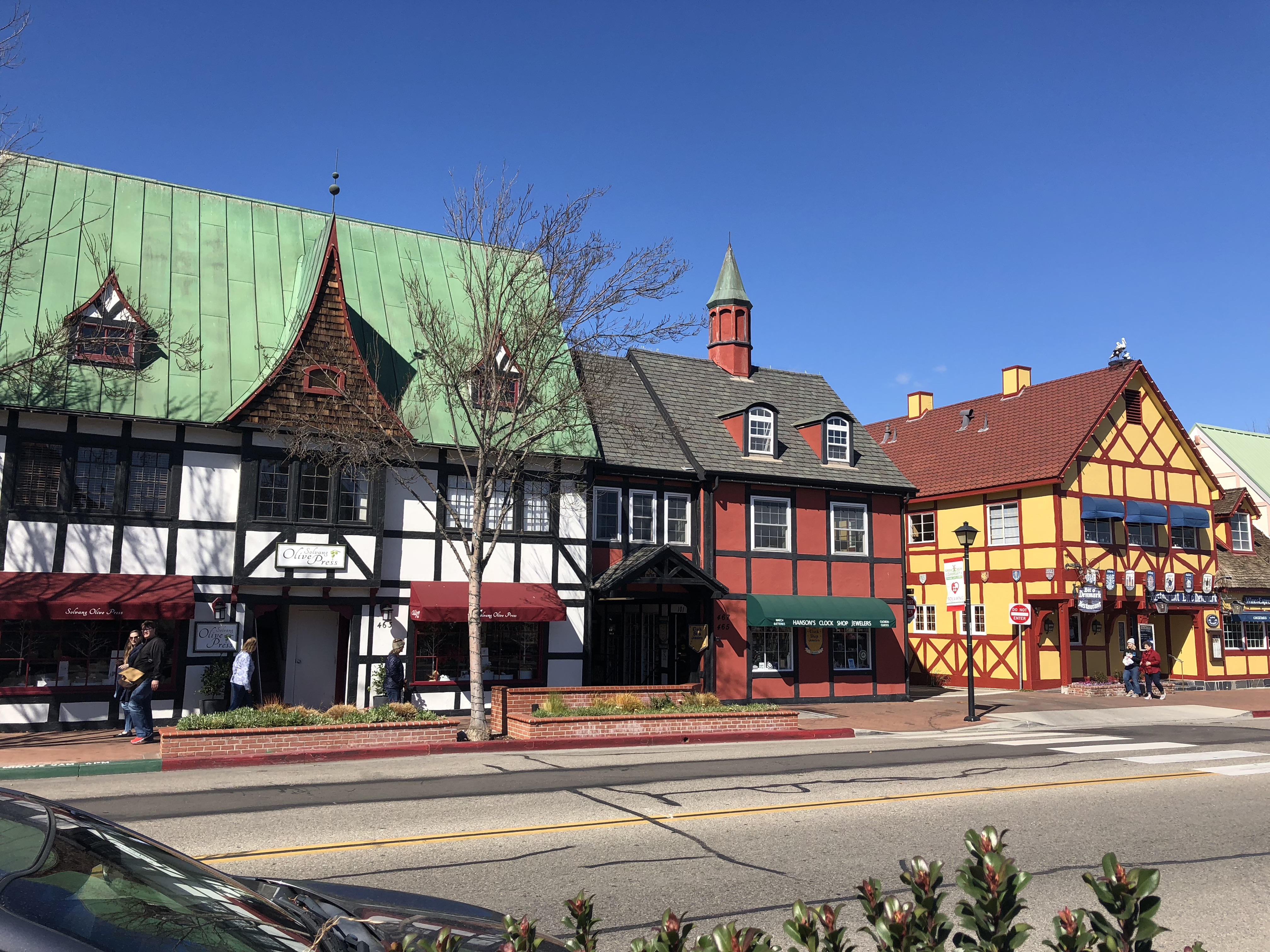 Colorful buildings on a street in Solvang