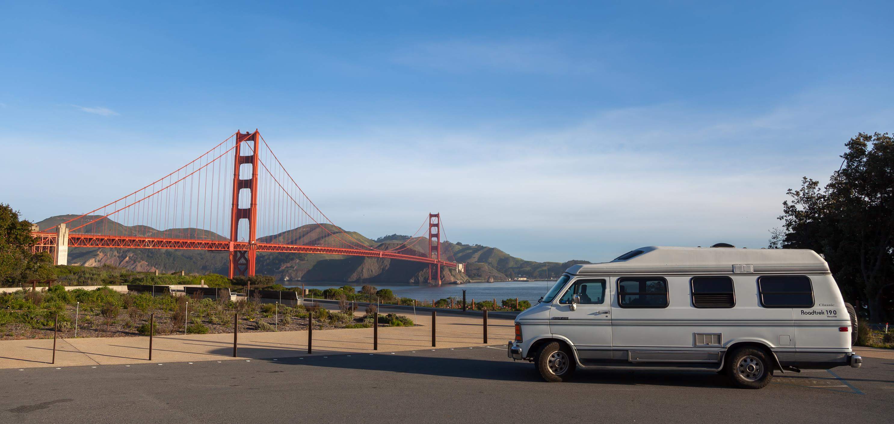 my Roadtrek in front of the Golden Gate Bridge